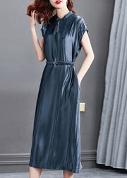 Women Blue Stand Collar Cinched Silk Long Dresses Summer