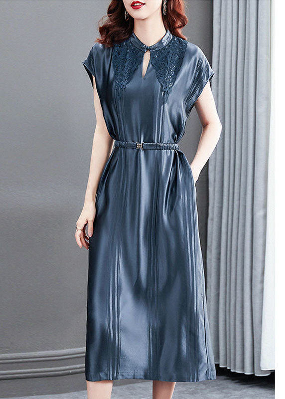 Women Blue Stand Collar Cinched Silk Long Dresses Summer