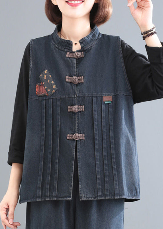 Women Blue Stand Collar Patchwork Denim Coat Sleeveless