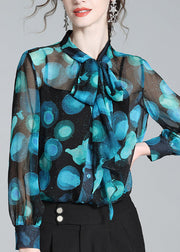 Women Blue Stand Collar Print Bow Silk Shirt Long Sleeve