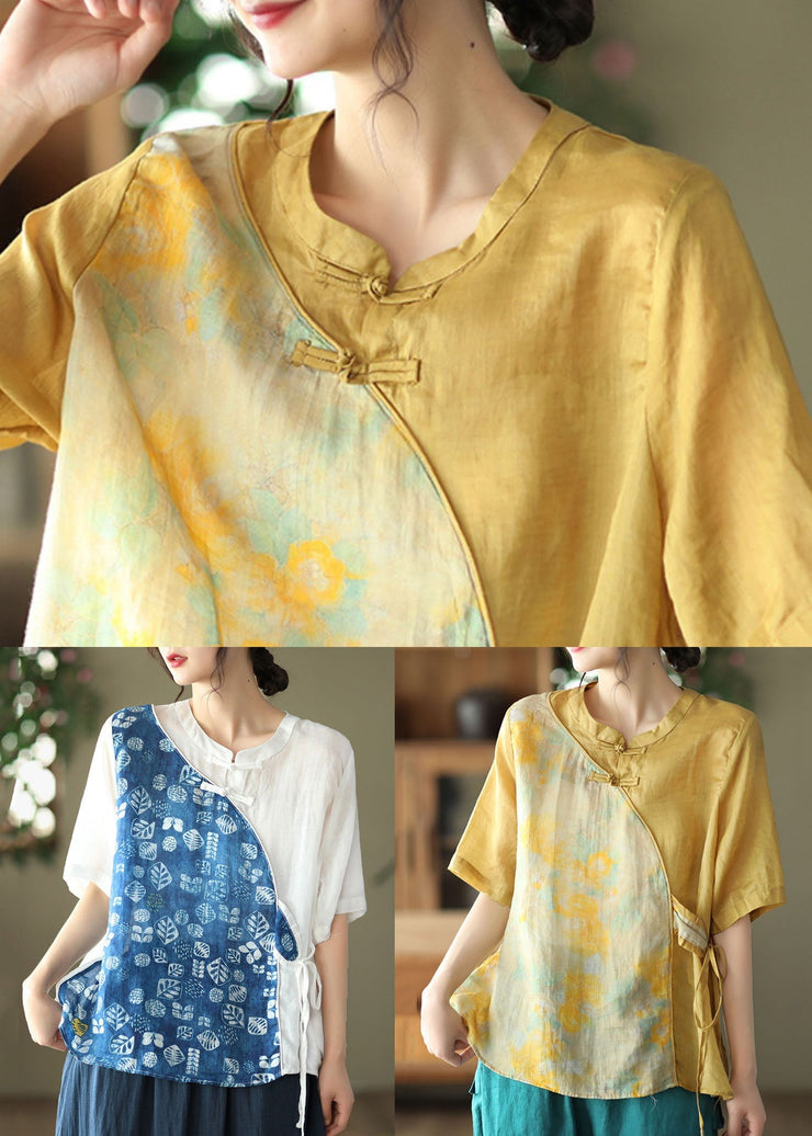 Women Blue Stand Collar Print Patchwork Linen Shirt Top Summer