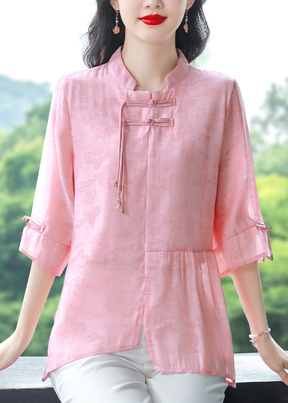 Women Blue Stand Collar Tasseled Patchwork Linen Shirt Summer