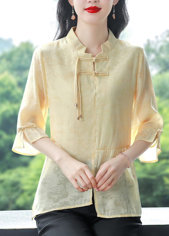 Women Blue Stand Collar Tasseled Patchwork Linen Shirt Summer