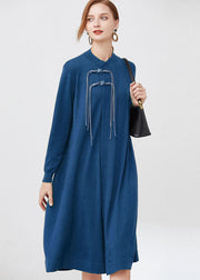 Women Blue Stand Collar Wool Knit Long Dresses Long Sleeve