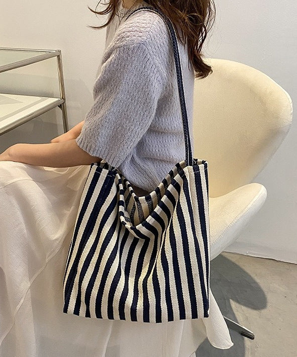 Women Blue Striped High-capacity Cozy Canvas Satchel Handbag