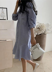 Women Blue Striped Peter Pan Collar Ruffles Cotton Shirt Dress Spring