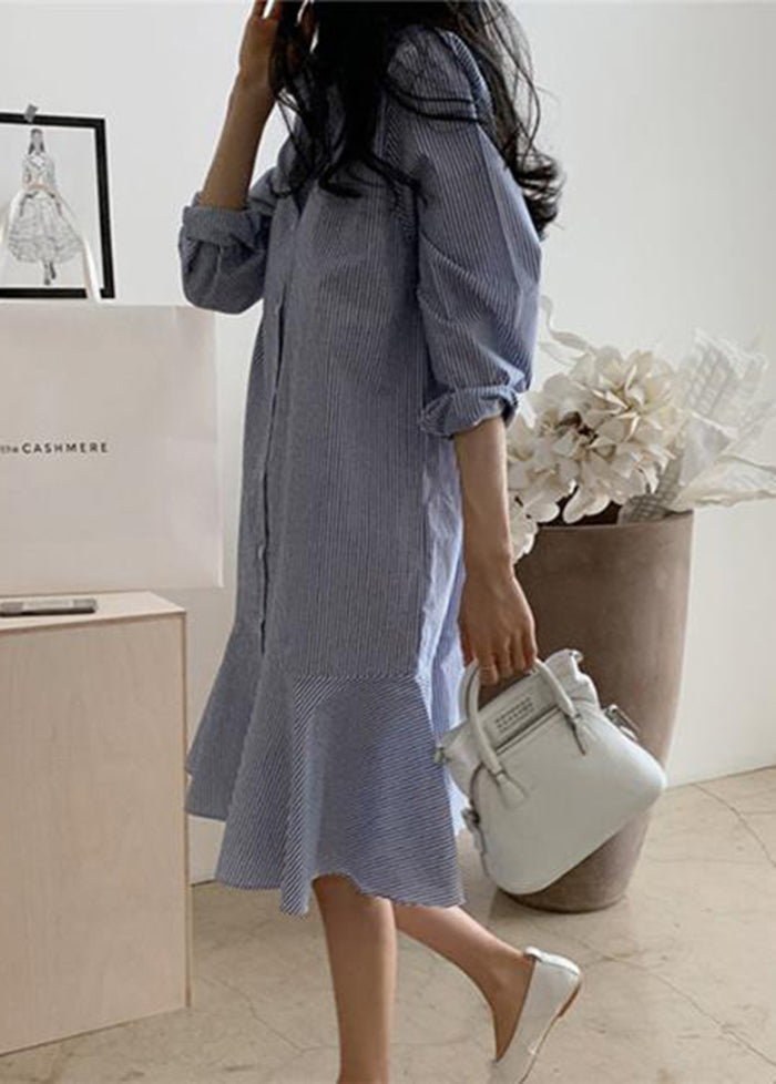 Women Blue Striped Peter Pan Collar Ruffles Cotton Shirt Dress Spring