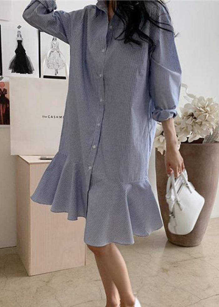 Women Blue Striped Peter Pan Collar Ruffles Cotton Shirt Dress Spring