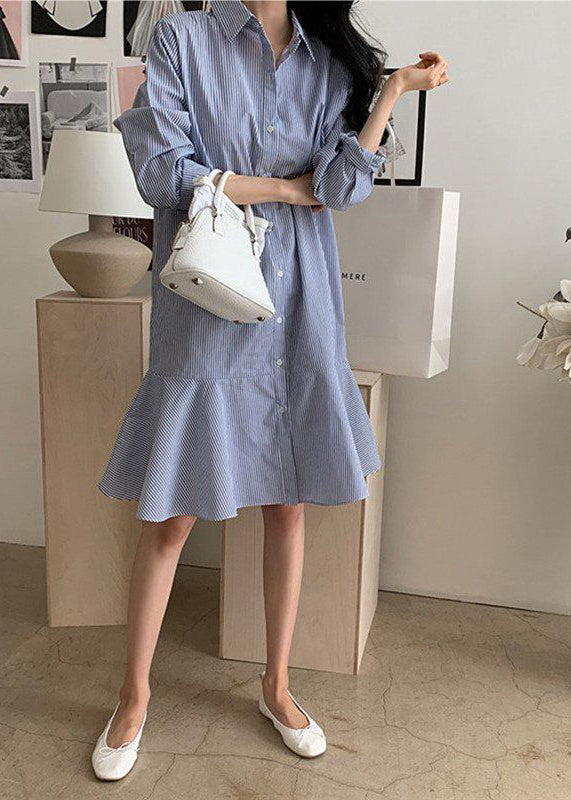 Women Blue Striped Peter Pan Collar Ruffles Cotton Shirt Dress Spring