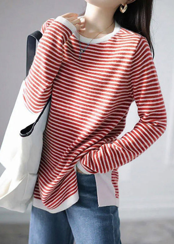 Women Blue Striped Side Open  Knitting Cotton Tops Fall