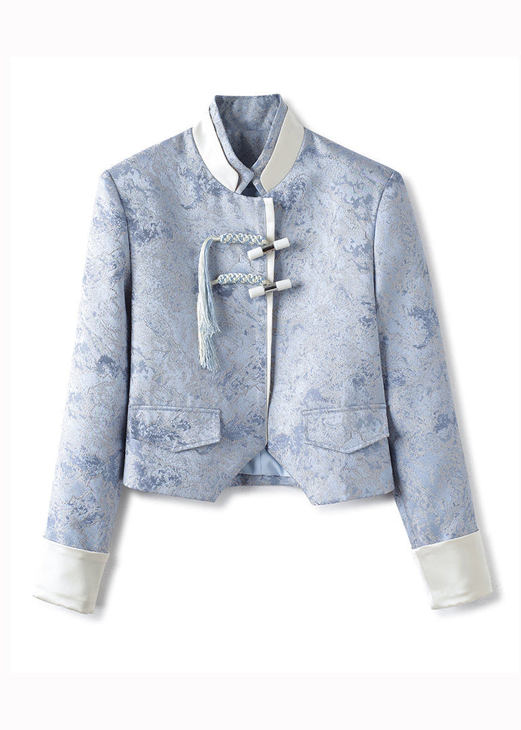 Women Blue Tasseled Jacquard Patchwork Cotton Coats Fall