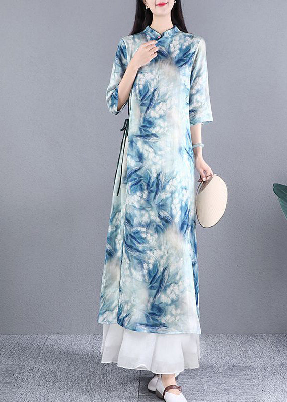 Women Blue Tie Dye Slim Fit Linen Dress Fall