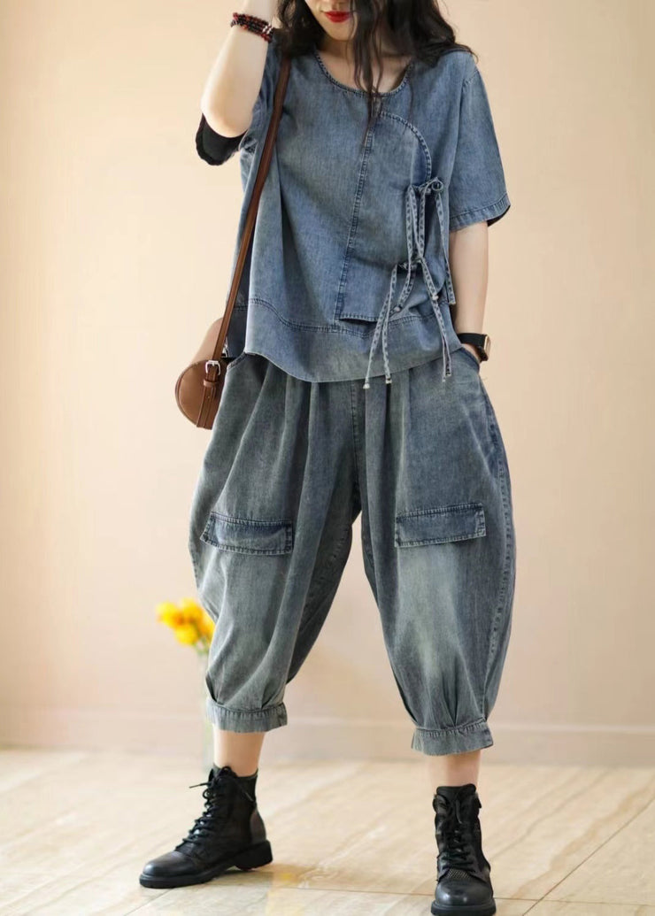 Women Blue Tops And Crop Pants Denim Two Piece Suit Set Summer