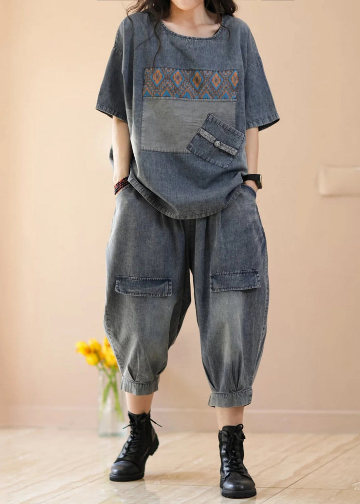 Women Blue Tops And Crop Pants Denim Two Piece Suit Set Summer