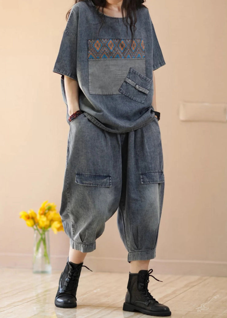 Women Blue Tops And Crop Pants Denim Two Piece Suit Set Summer