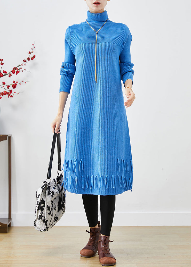 Women Blue Turtle Neck Tasseled Knitted Dress Fall