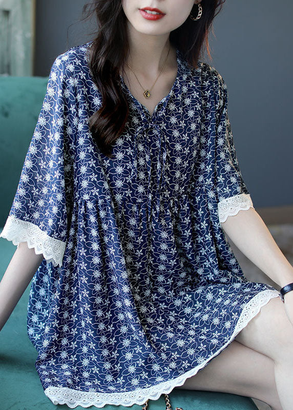 Women Blue V Neck Lace Patchwork Print Chiffon Top Half Sleeve