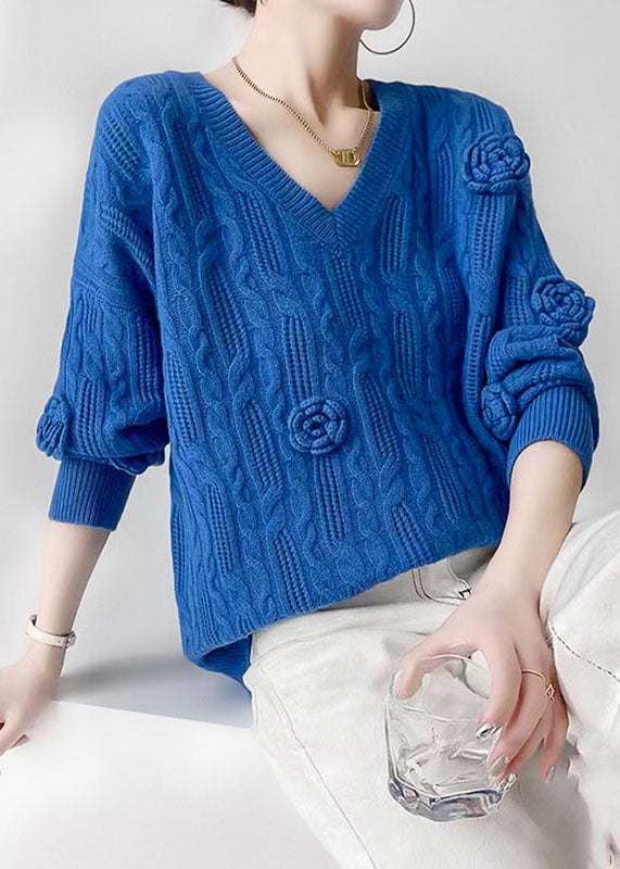 Women Blue V Neck Oversized Floral Cable Knit Sweater Winter