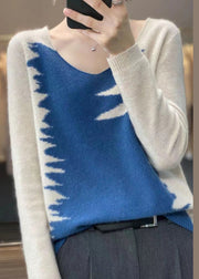 Women Blue V Neck Patchwork Cozy Top Long Sleeve