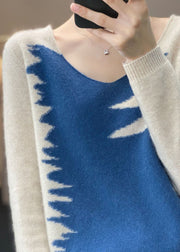 Women Blue V Neck Patchwork Cozy Top Long Sleeve