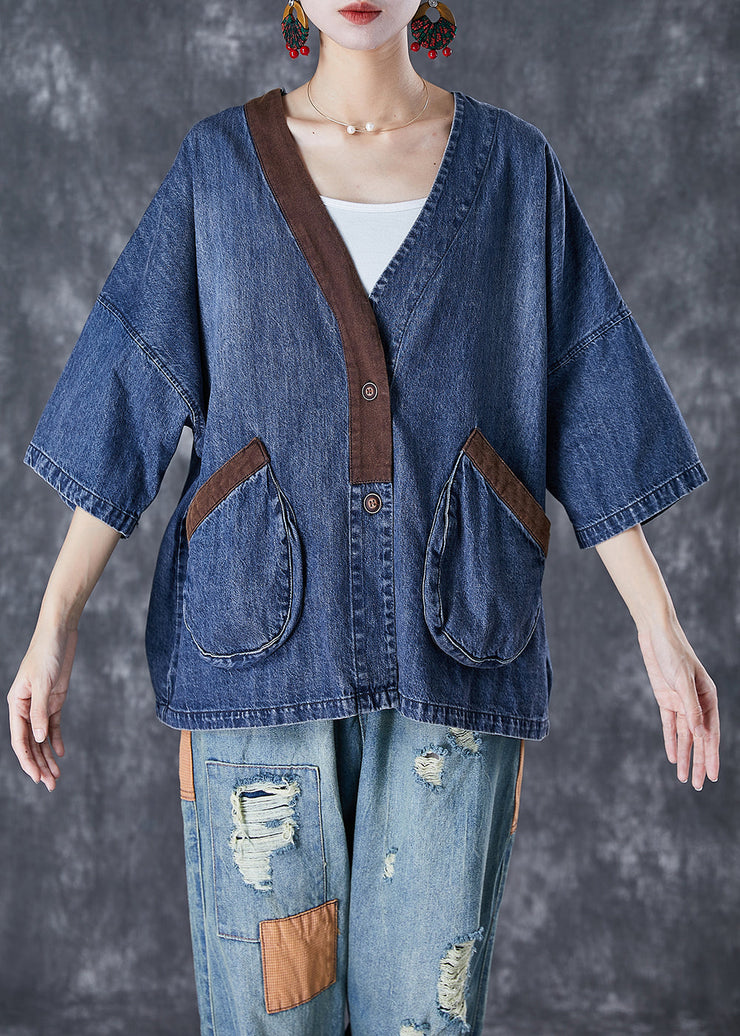 Women Blue V Neck Patchwork Pockets Denim Coats Summer