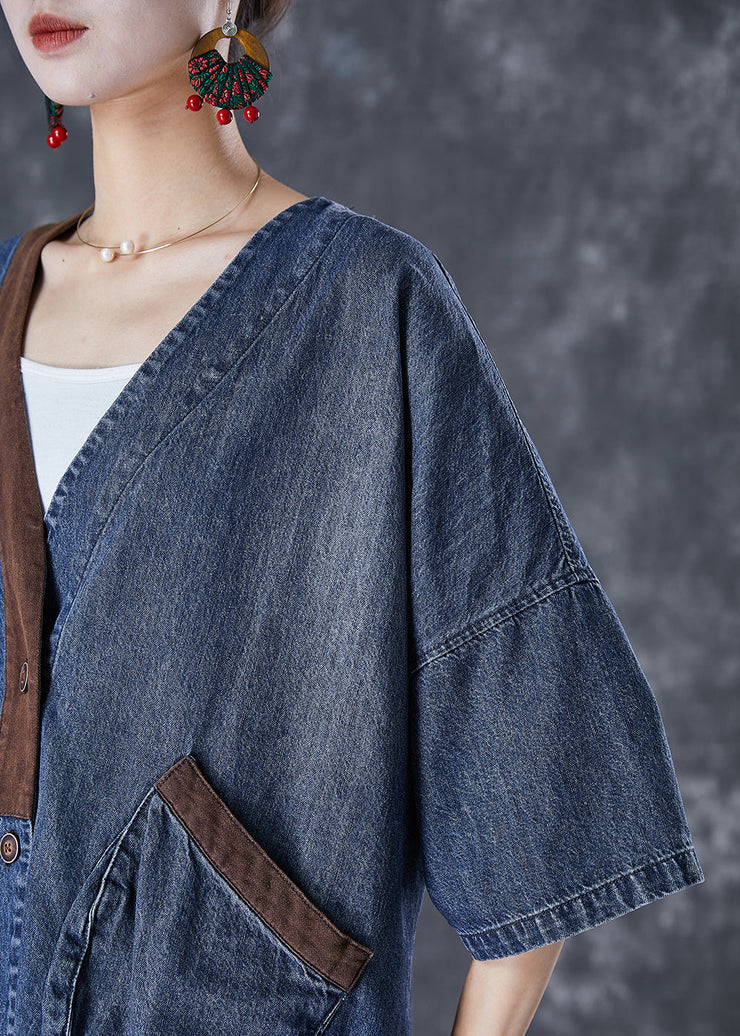 Women Blue V Neck Patchwork Pockets Denim Coats Summer