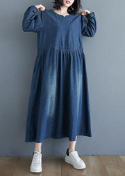 Women Blue V-Neck Pockets Wrinkled Patchwork Denim Dress Fall