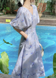 Women Blue V Neck Print Cotton Long Dress Summer