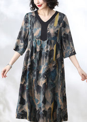 Women Blue V Neck Print Wrinkled Patchwork Silk Dress Summer