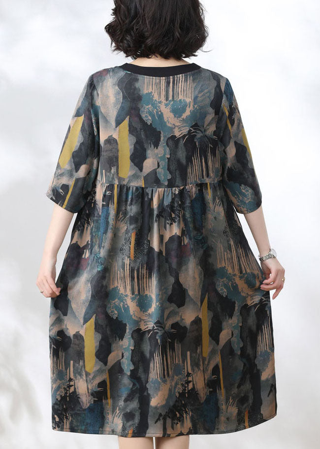 Women Blue V Neck Print Wrinkled Patchwork Silk Dress Summer