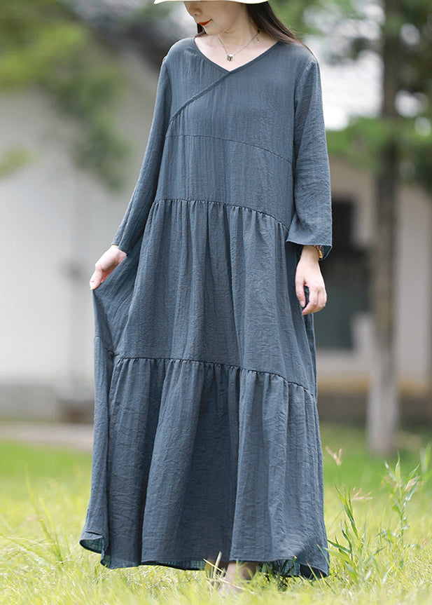 Women Blue V Neck Solid Patchwork Cotton Long Dresses Spring