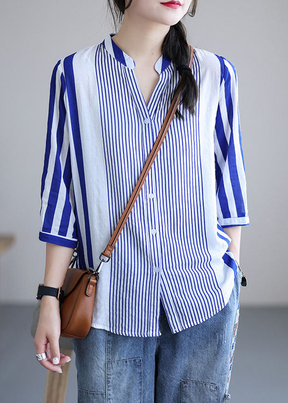 Women Blue V Neck Striped Cotton Blouses Bracelet Sleeve