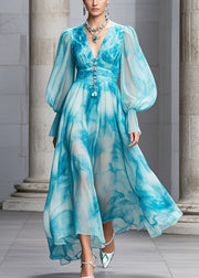 Women Blue V Neck Tie Dye Chiffon Maxi Dresses Fall