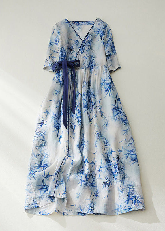 Women Blue V Neck Tie Waist Print Linen Cinched Dress Summer