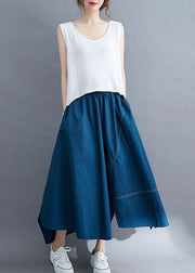 Women Blue Wrinkled Asymmetrical Patchwork Cotton Skirts Summer