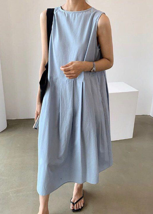 Women Blue Wrinkled Button Patchwork Wear On Both Sides Cotton Dresses Sleeveless