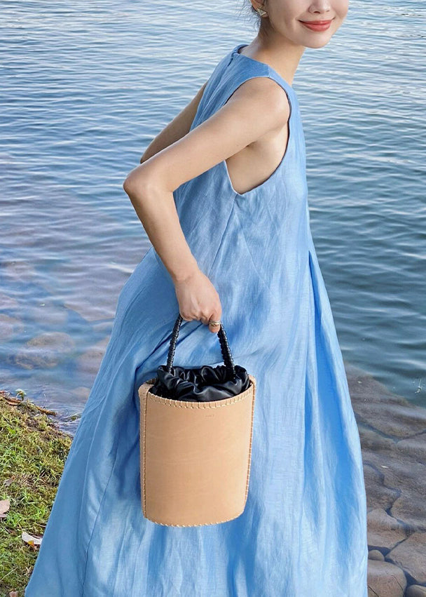 Women Blue Zip Up Solid Cotton Maxi Dress Sleeveless