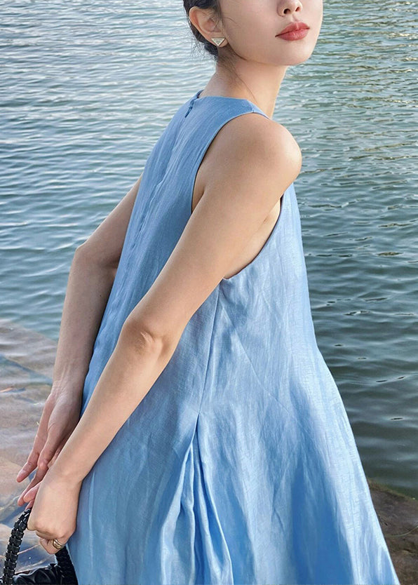 Women Blue Zip Up Solid Cotton Maxi Dress Sleeveless