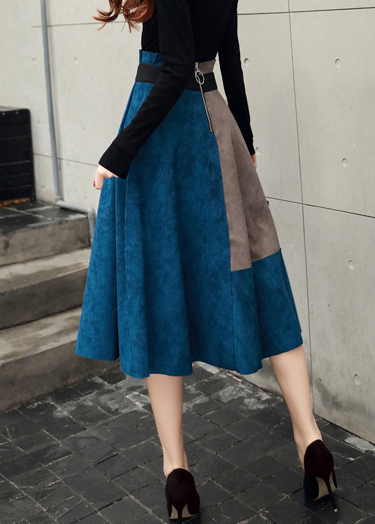 Women Blue zippered High Waist Patchwork Faux Suede Skirts Fall