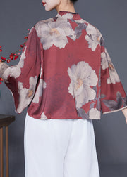 Women Brick Red Stand Collar Print Chinese Button Silk Shirt Flare Sleeve