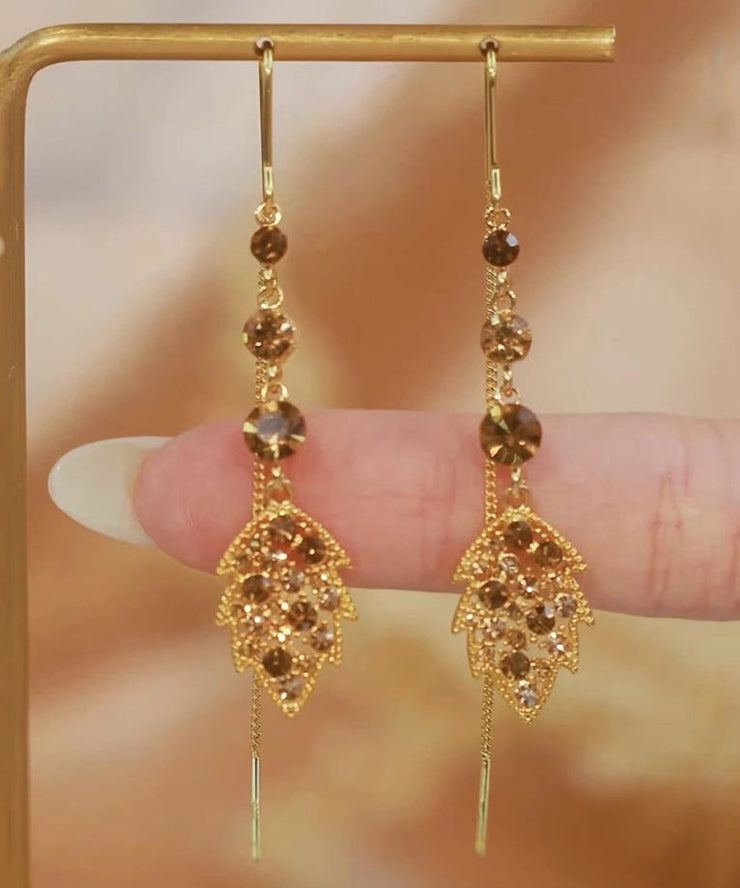 Women Brown Alloy Zircon Leaves Tassel Drop Earrings