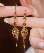 Women Brown Alloy Zircon Leaves Tassel Drop Earrings