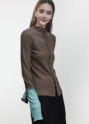 Women Brown Button Patchwork Cotton T Shirts Fall