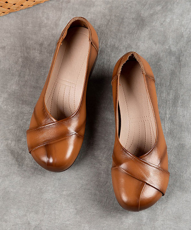 Women Brown Cowhide Leather Splicing Flat Shoes