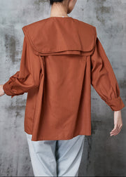 Women Brown Double-layer Collar Cotton Shirt Top Spring