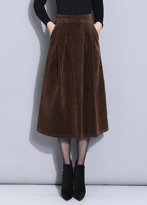 Women Brown Elastic Waist Pockets Corduroy A Line Skirts Spring