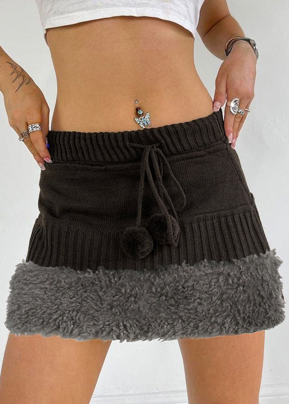 Women Brown Fluffy Elastic Waist Patchwork Knit Skirts Fall