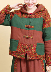 Women Brown Hooded Pockets Patchwork Fine Cotton Filled Parkaer Winter