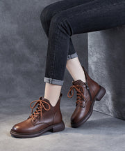 Women Brown Lace Up Chunky Boots Cowhide Leather Ankle boots