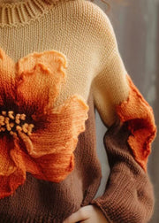 Women Brown O Neck Floral  Cotton Knit Sweaters Long Sleeve